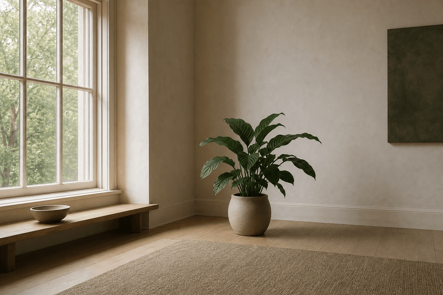 A single potted leafy houseplant set back from a large bright window in a minimal room.