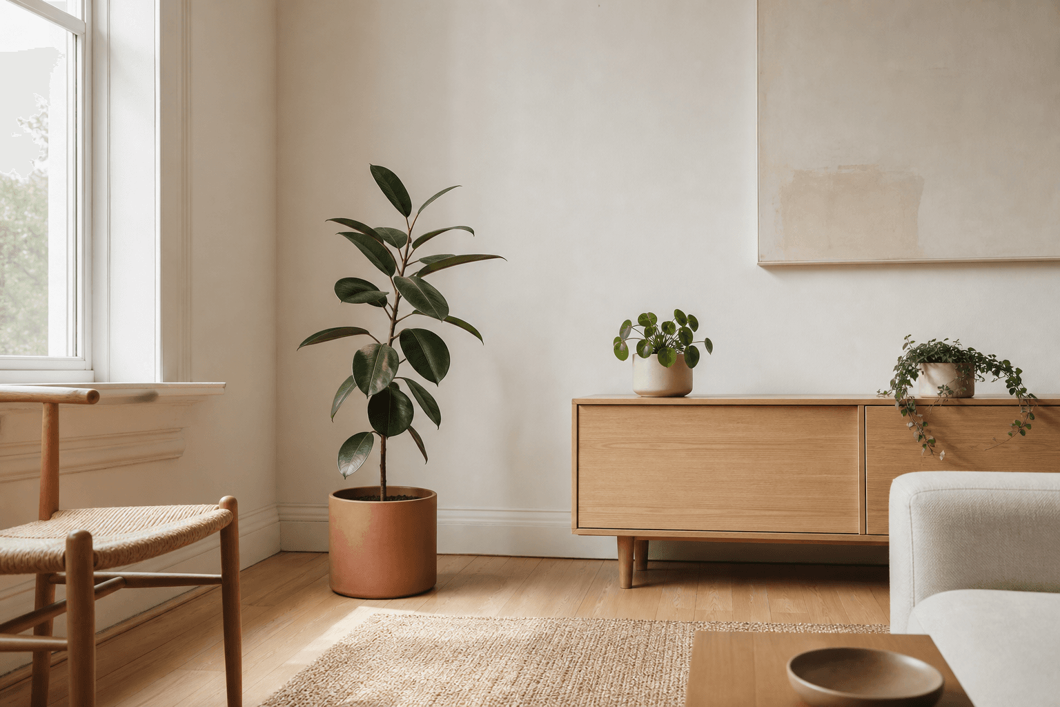 Three houseplants with generous space around them in a warm, calm living room.
