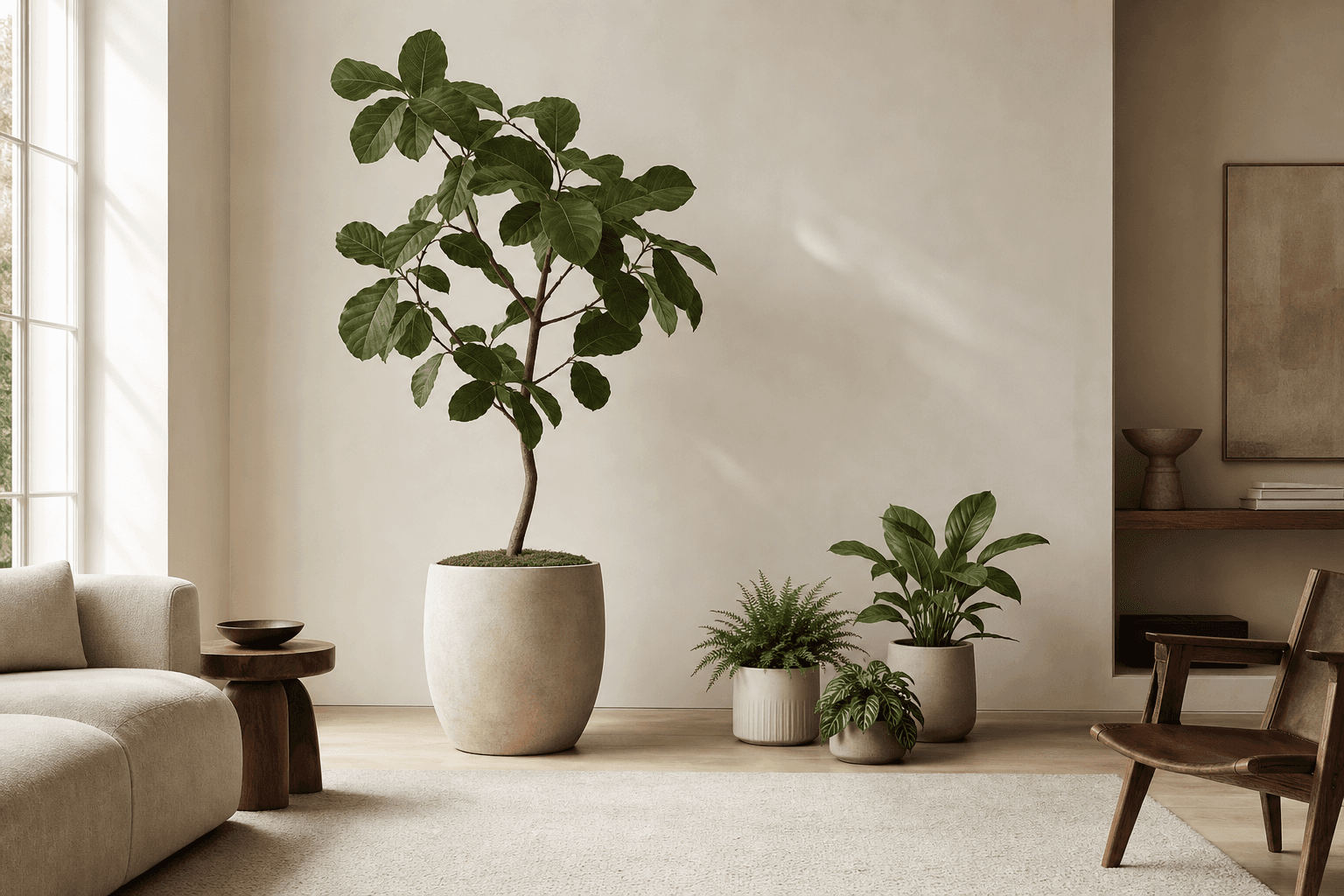 One tall floor plant and a small, calm group of lower plants in a warm neutral living room.