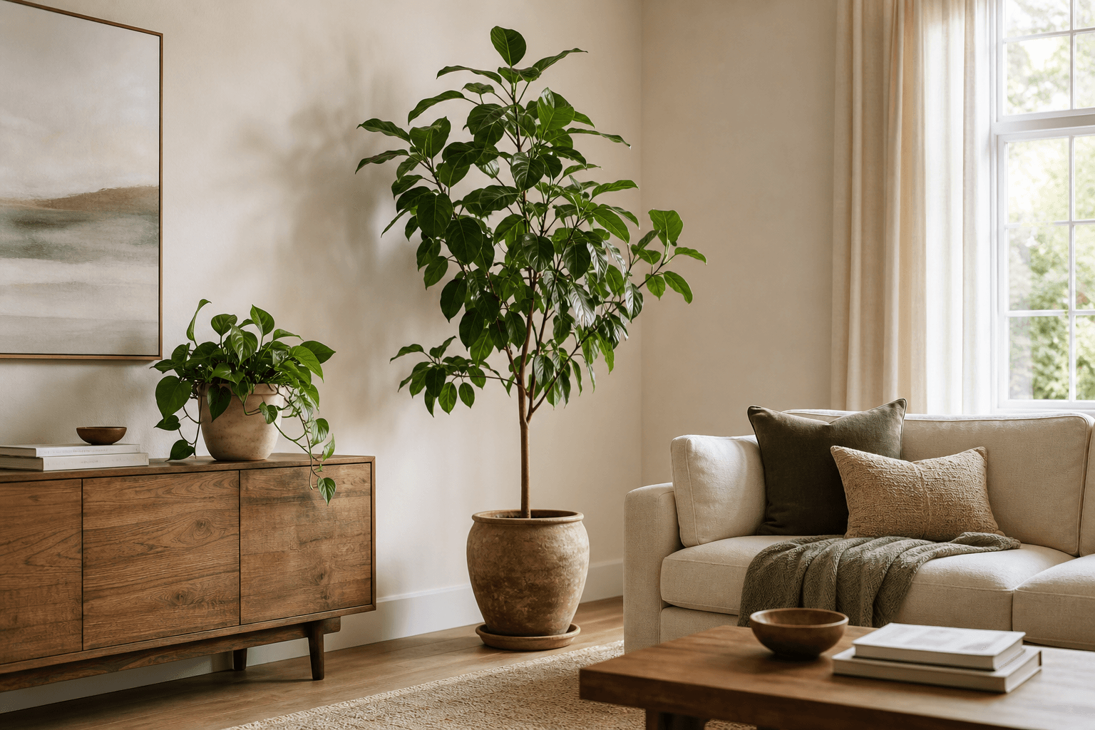 Two thoughtfully placed houseplants in a warm living room with bright window light and open surfaces.