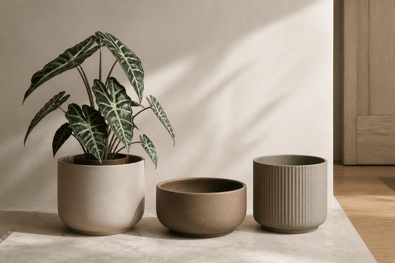 A foliage plant in a drainage pot nested inside a larger ceramic cachepot, beside two empty ceramic planters.
