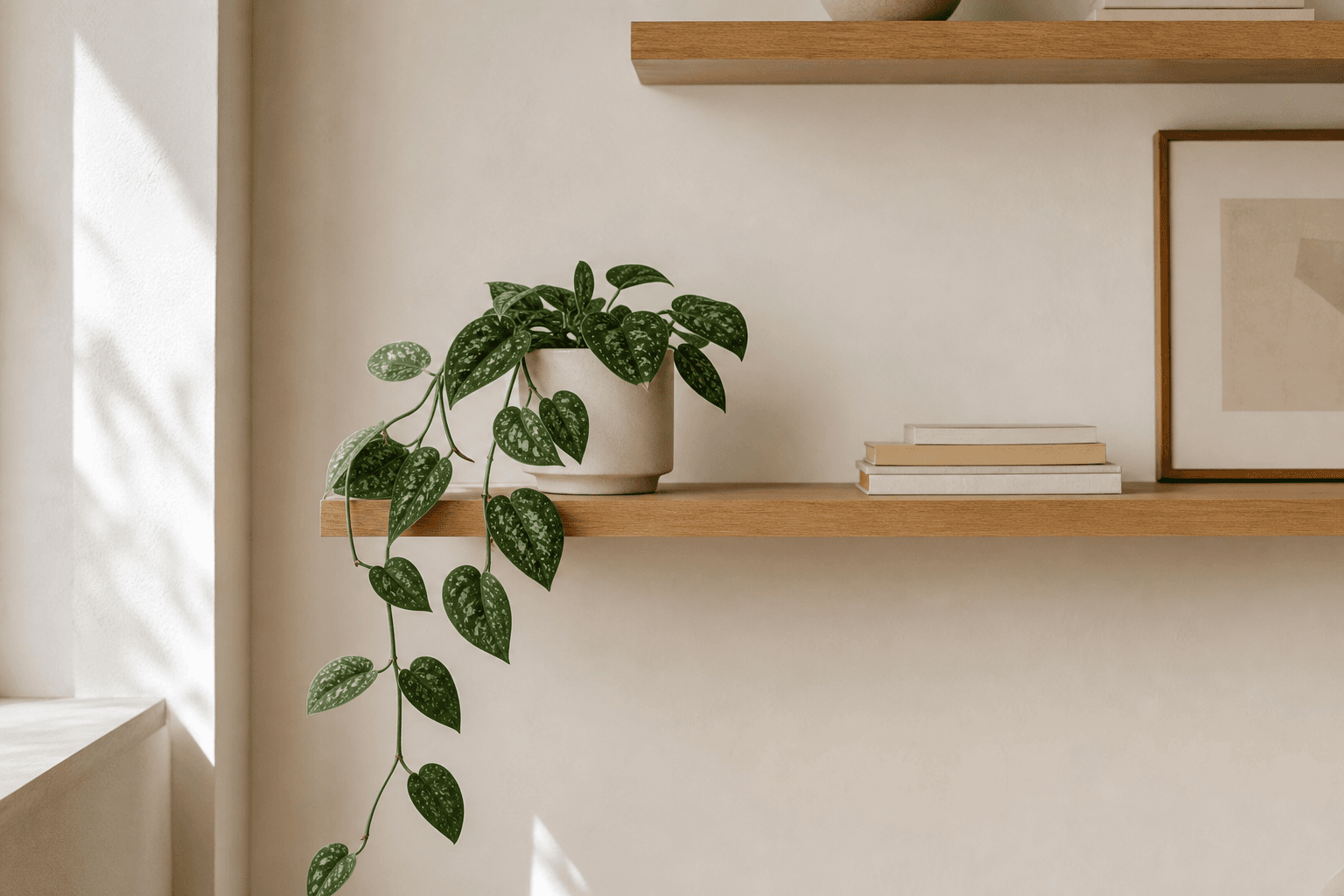 A single trailing houseplant placed with generous open space on a light timber shelf.