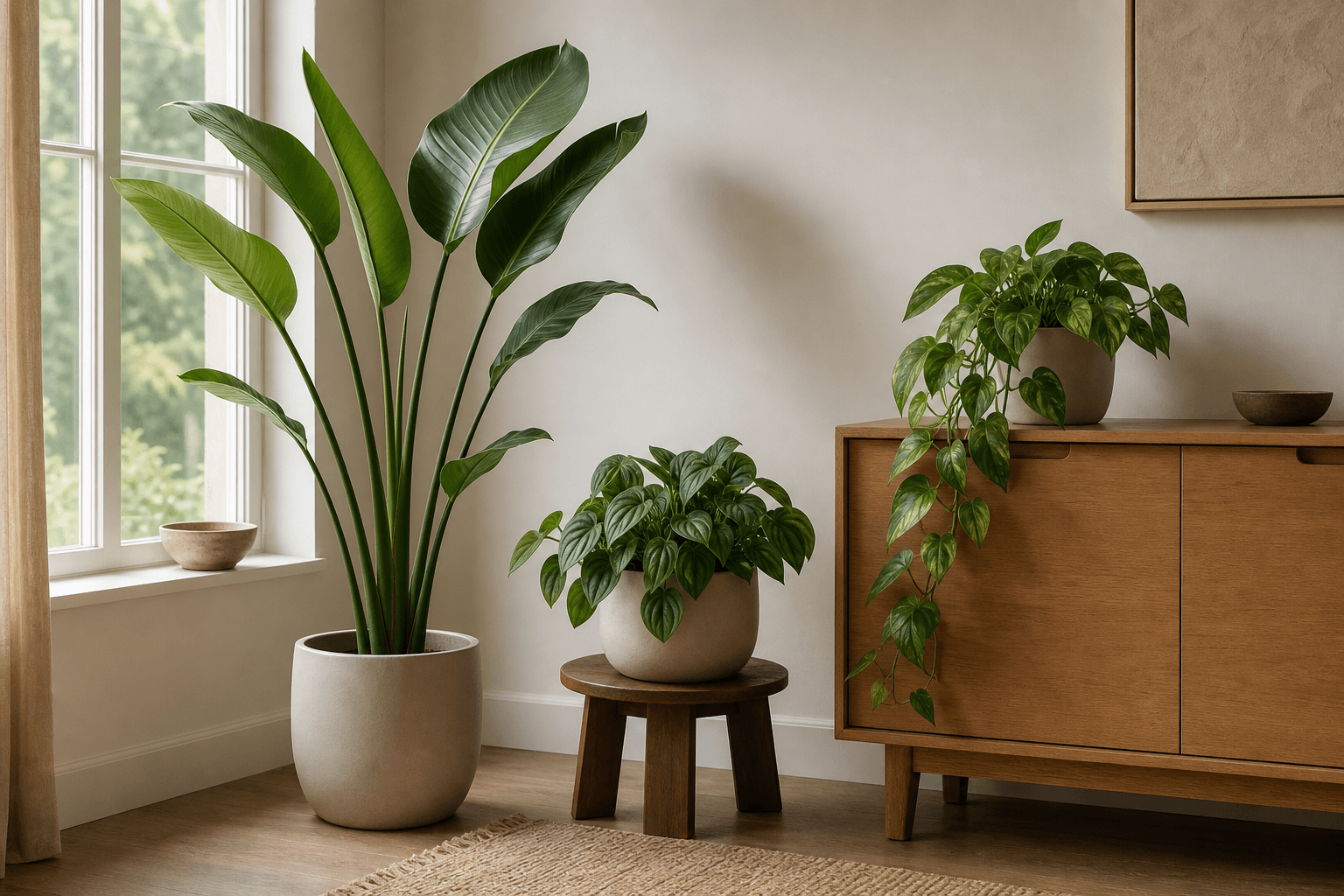 Three houseplants with upright, rounded, and trailing forms arranged at different heights beside a window and wooden cabinet.