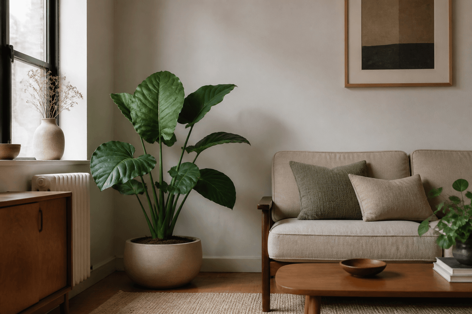One substantial houseplant placed with clear floor space in a compact living room.