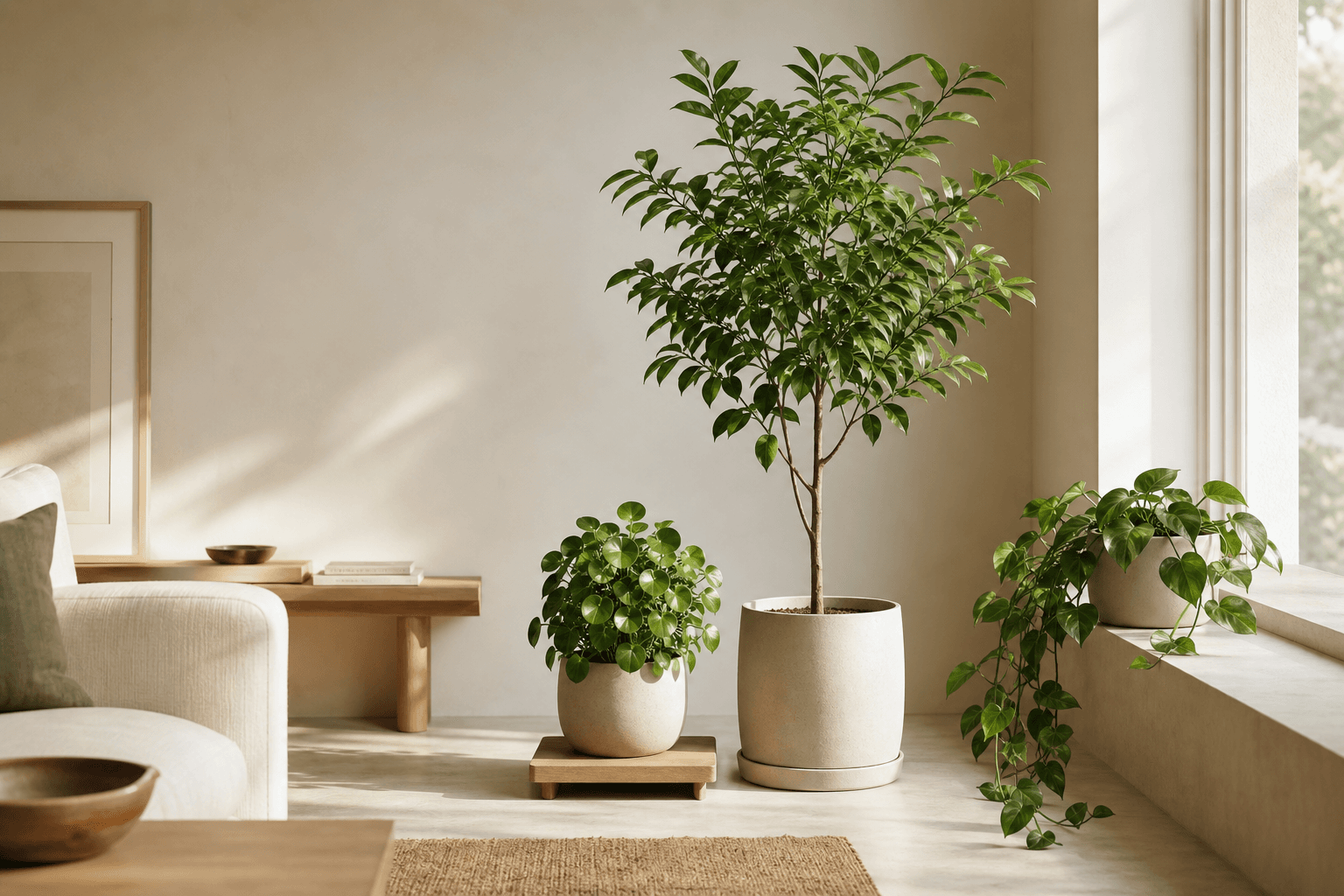 A calm living room with three houseplants in ceramic pots placed near a large window.