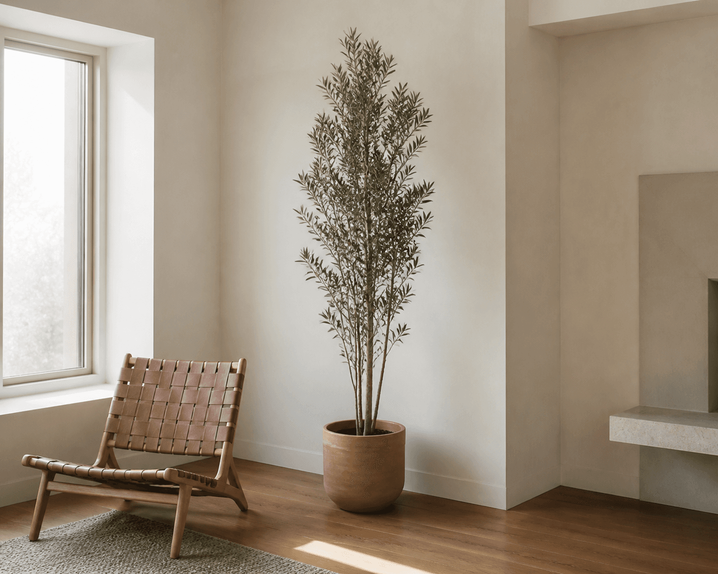A tall, narrow indoor plant in a terracotta pot beside a chair in a calm bright corner.